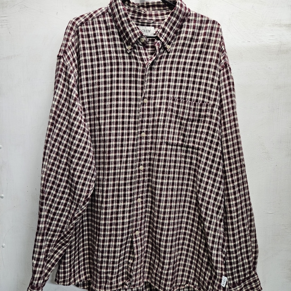 J. Crew Flannel Shirt burgundy/white/blue long sleeve cotton ~ mens/unisex XL